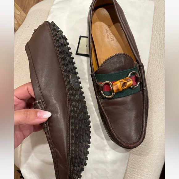 GUCCI LOAFER LETHER DARK BROWN WEB BAMBOO SLIP ON LOAFER SIZE 38 - Picture 5 of 9